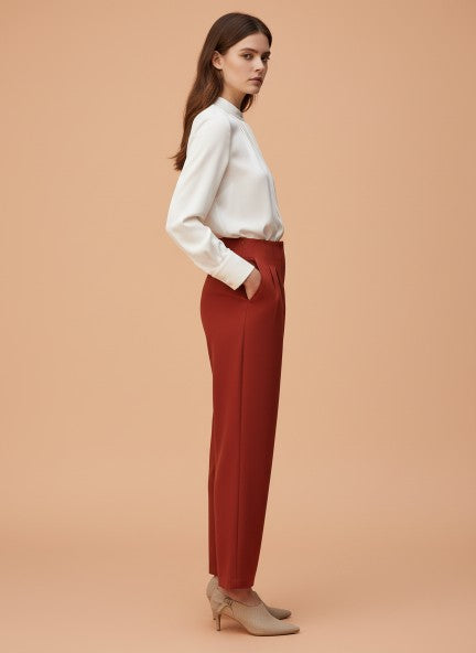 Banana Crepe Burnt Umber Skin Fit With Multi Pleated Trouser