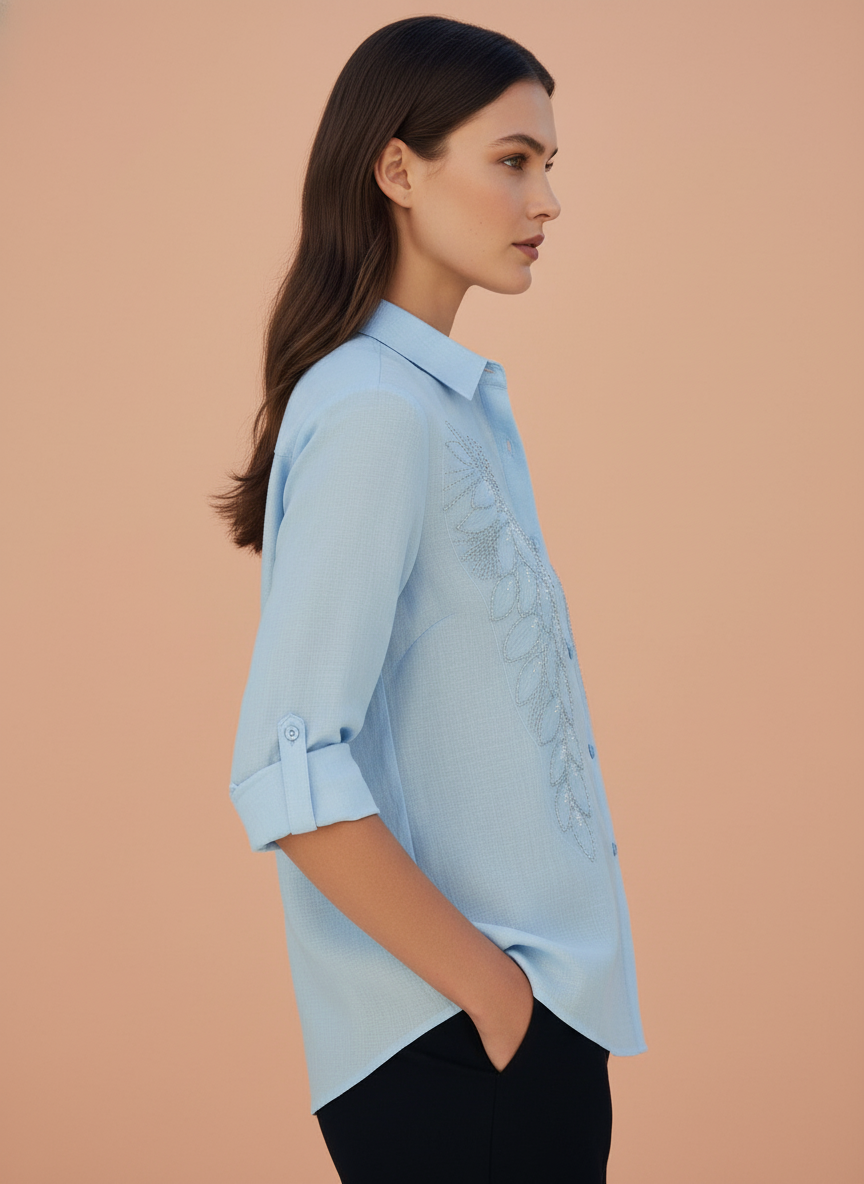 Elegant Sky Blue Embroidered Womens Shirt