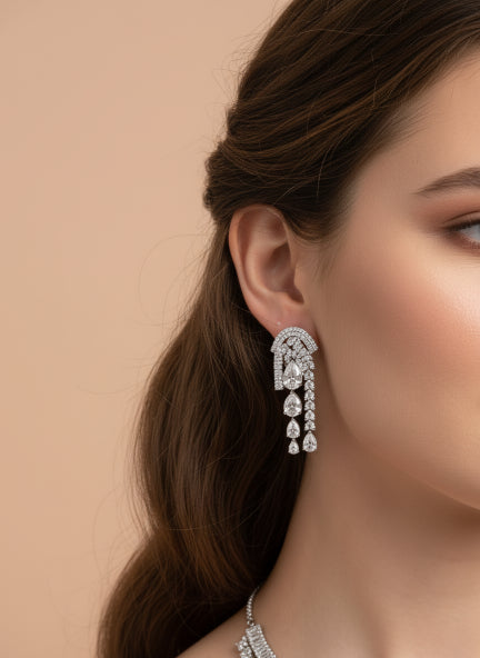 White Cubic Zirconia Double Layer Necklace & Earrings Set for Women