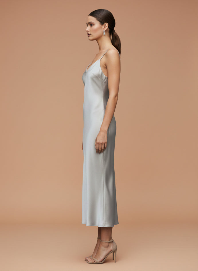 Satin Silver Grey V-Neck Midi Dress