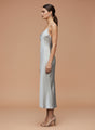 Satin Silver Grey V-Neck Midi Dress