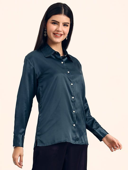 Luxury Modal Satin Shirt for Women  Deep Teal