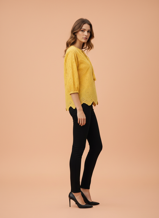 Chic Cutwork Women’s Top with Tassel Tie