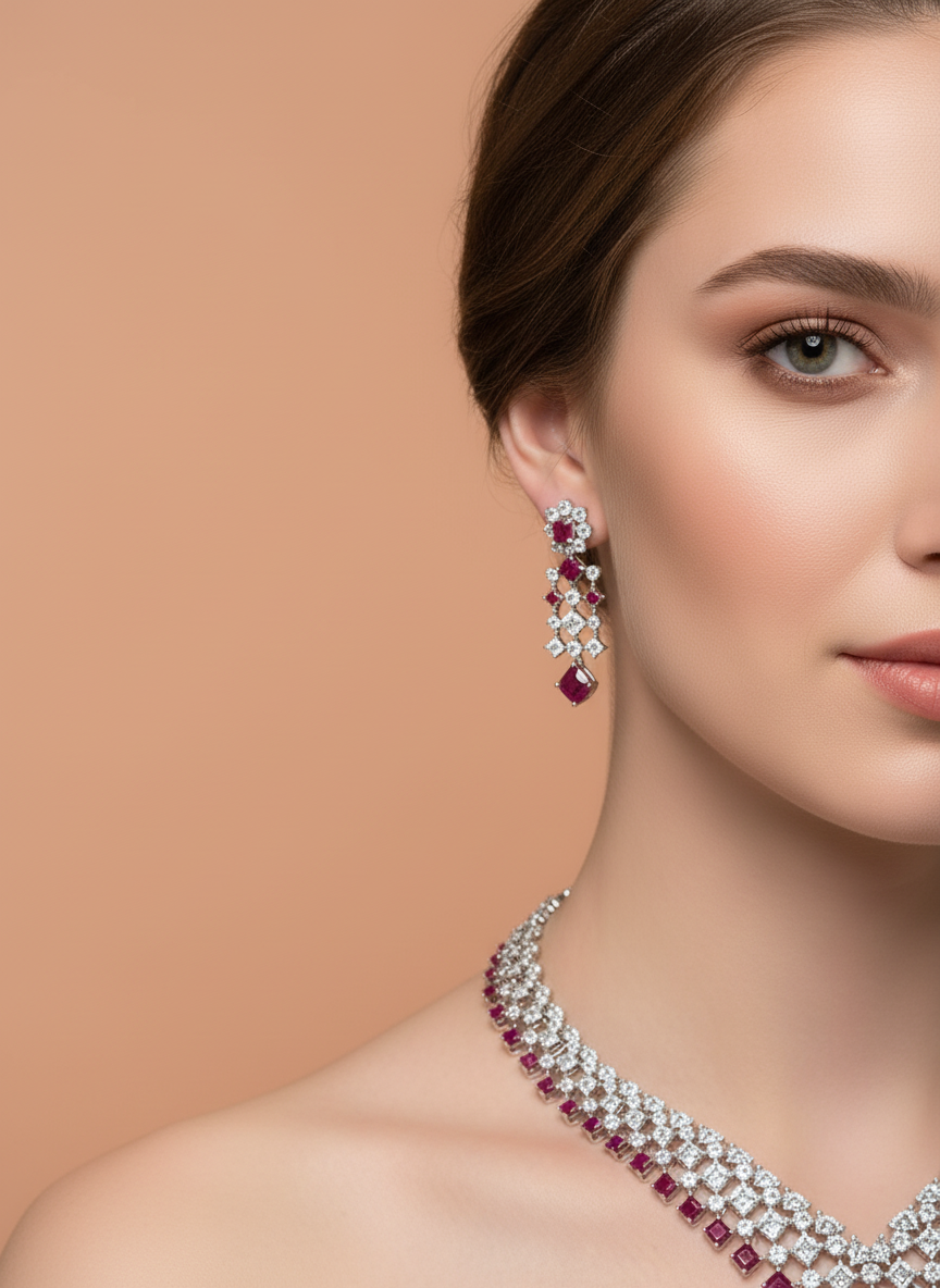 Luxury Ruby Red Cubic Zirconia Bridal Necklace & Earrings Set