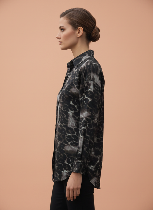 Women Black Grey Leopard Print Button Down Shirt