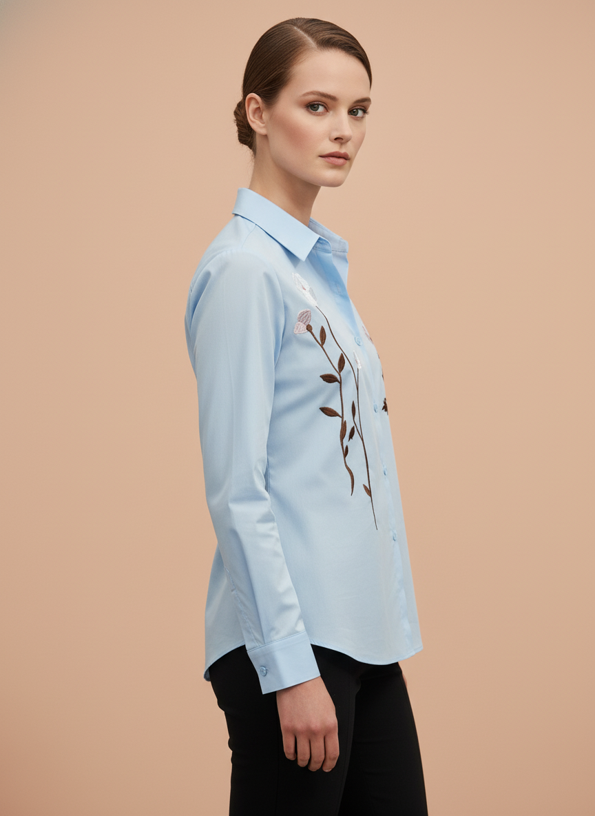 Elegant Light Blue Floral Embroidered Shirt for Women