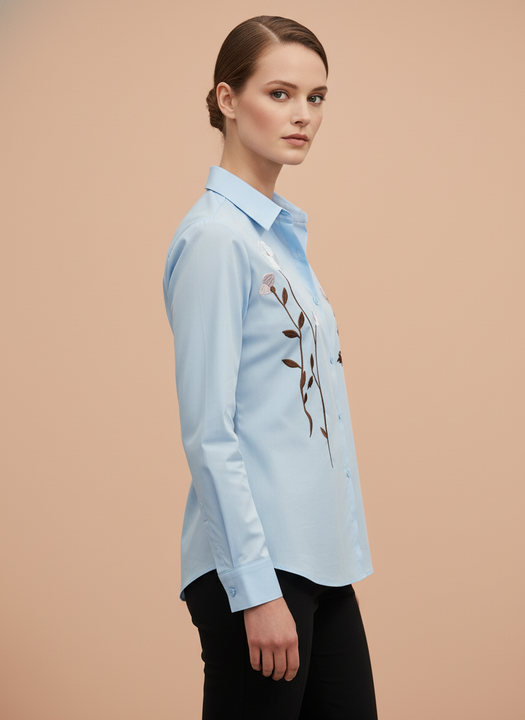 Elegant Light Blue Floral Embroidered Shirt for Women
