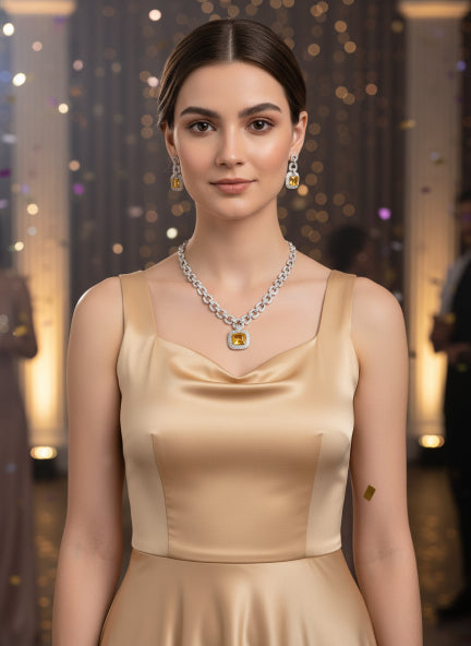 Yellow Cubic Zirconia Necklace & Earrings Set for Women