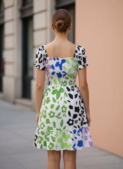 Rayon Printed Striped Smocked Midi Dress