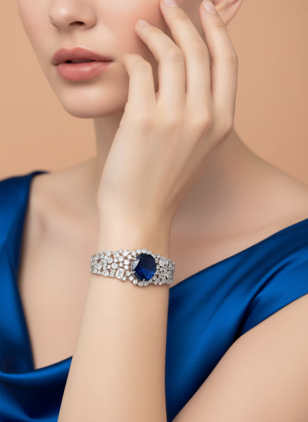 Blue Cubic Zirconia Halo Ring & Tennis Bracelet Set for Women