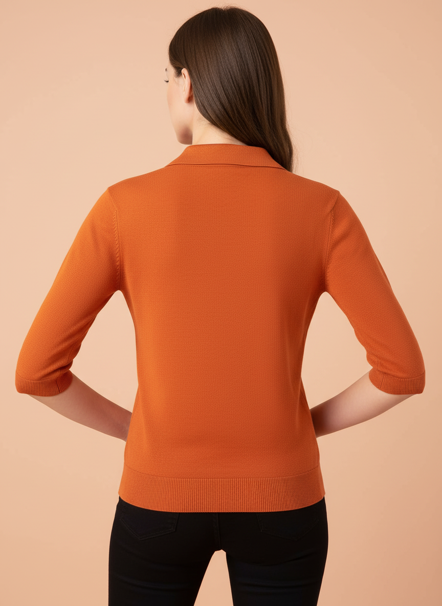Burnt Orange Knit Top with Embellished Peter Pan Collar