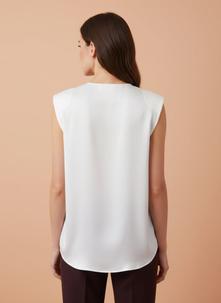 European Satin V Neck Pleated Sleeveless Top