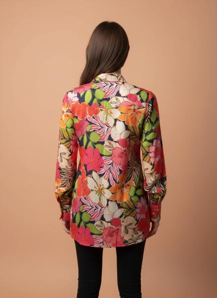 Satin Multicolour Long Length Curved Hem Digital Print Shirt