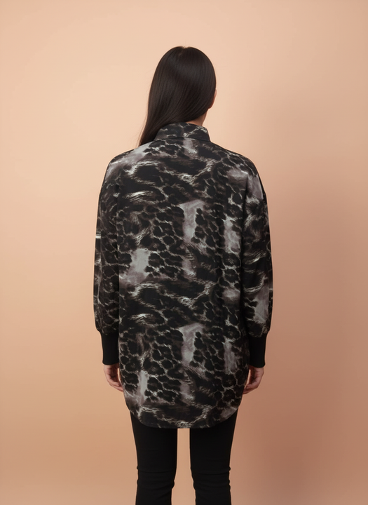 Women Black Grey Leopard Print Button Down Shirt
