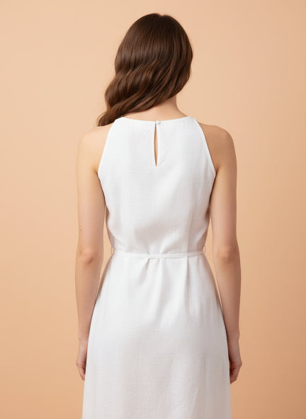 Elegant White Halter Neck Midi Dress for Women