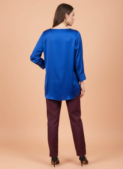 European Satin V Neck Long Sleeve Top