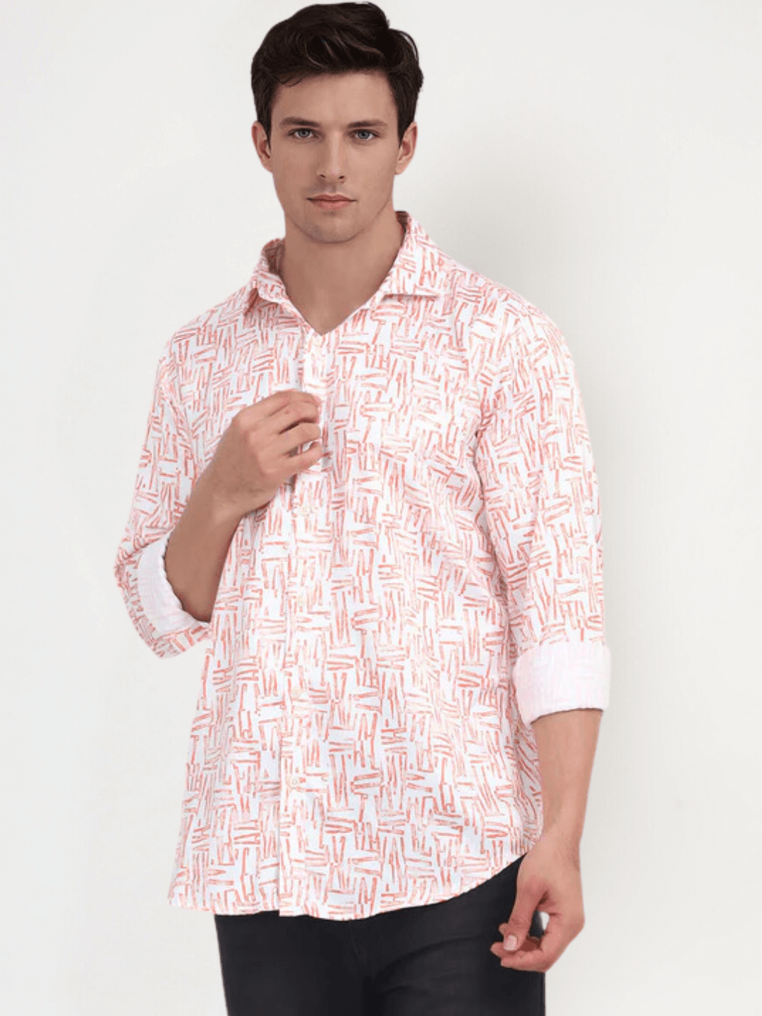 Men'S Poly Satin Lycra Orange Digital Printed Shirt