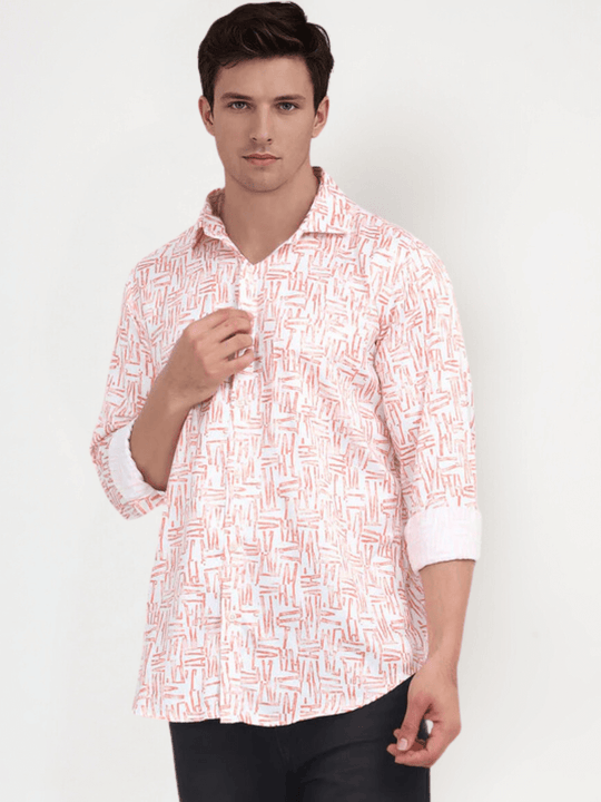 Men'S Poly Satin Lycra Orange Digital Printed Shirt