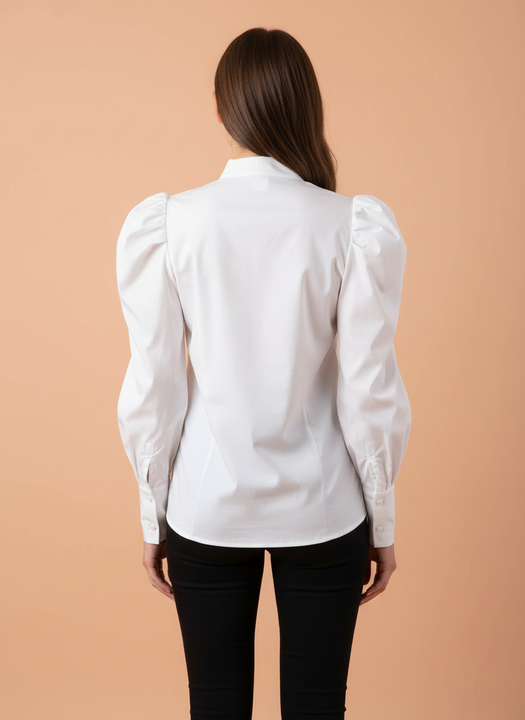 White Puff Sleeve Tie-Neck Blouse