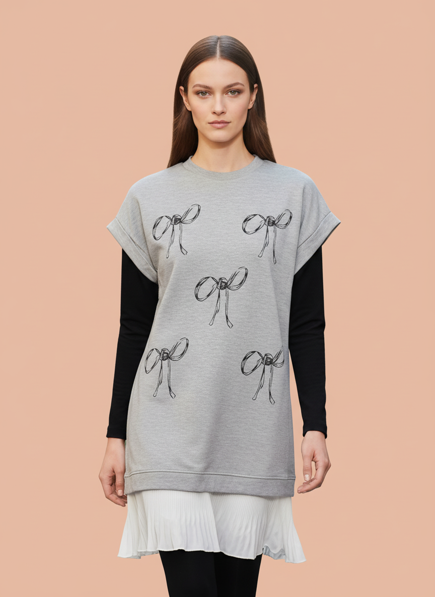 Women’s Grey Printed Tunic Dress with Layered Hem