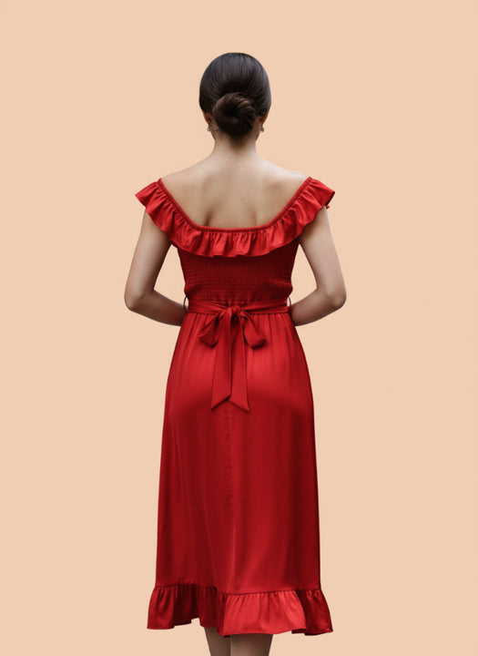 Women’s Luxury European Satin Crimson Red Midi Dress