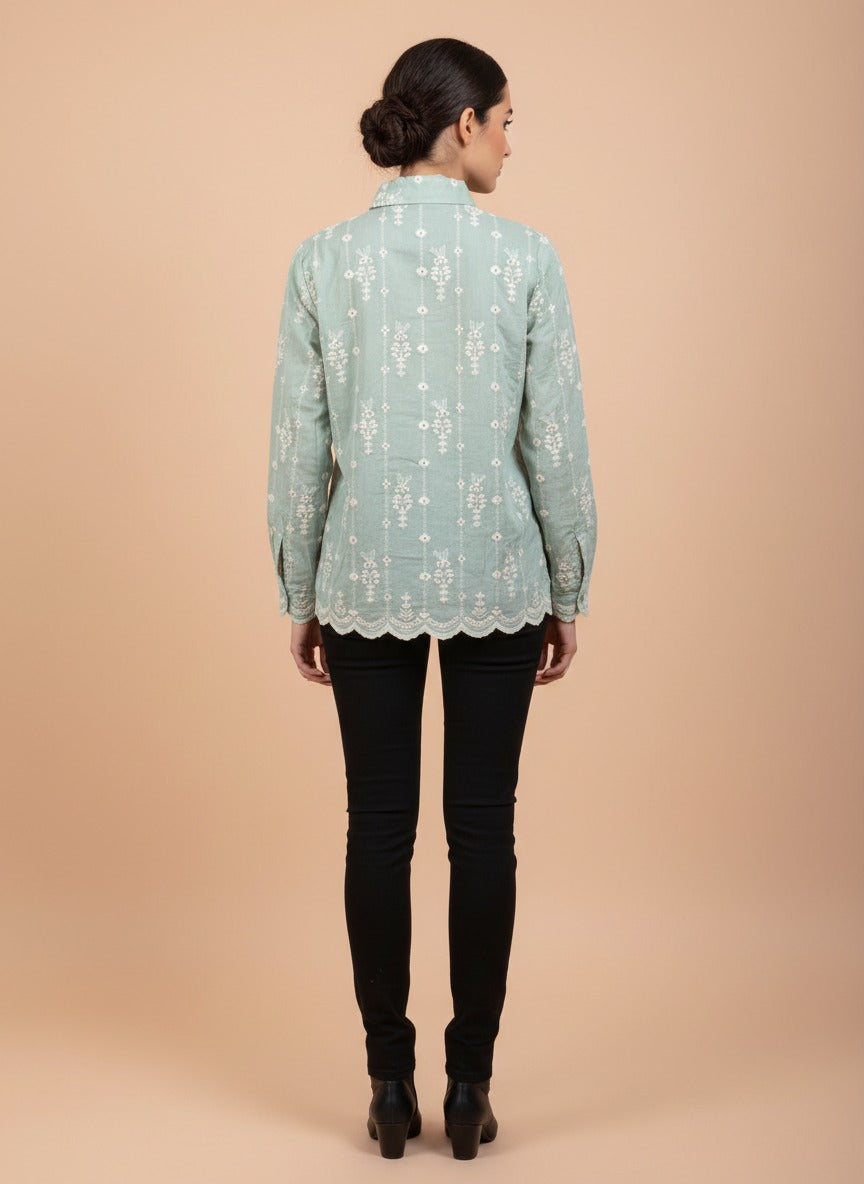 Elegant Mint Green Embroidered Women’s Shirt