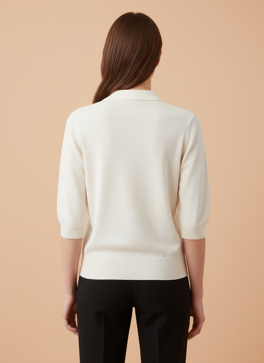 Off White Knit Top with Embellished Peter Pan Collar