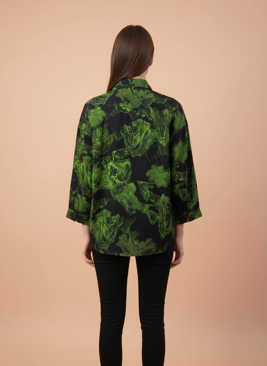 Women's Black & Green Abstract Floral Printed Oversized Shirt