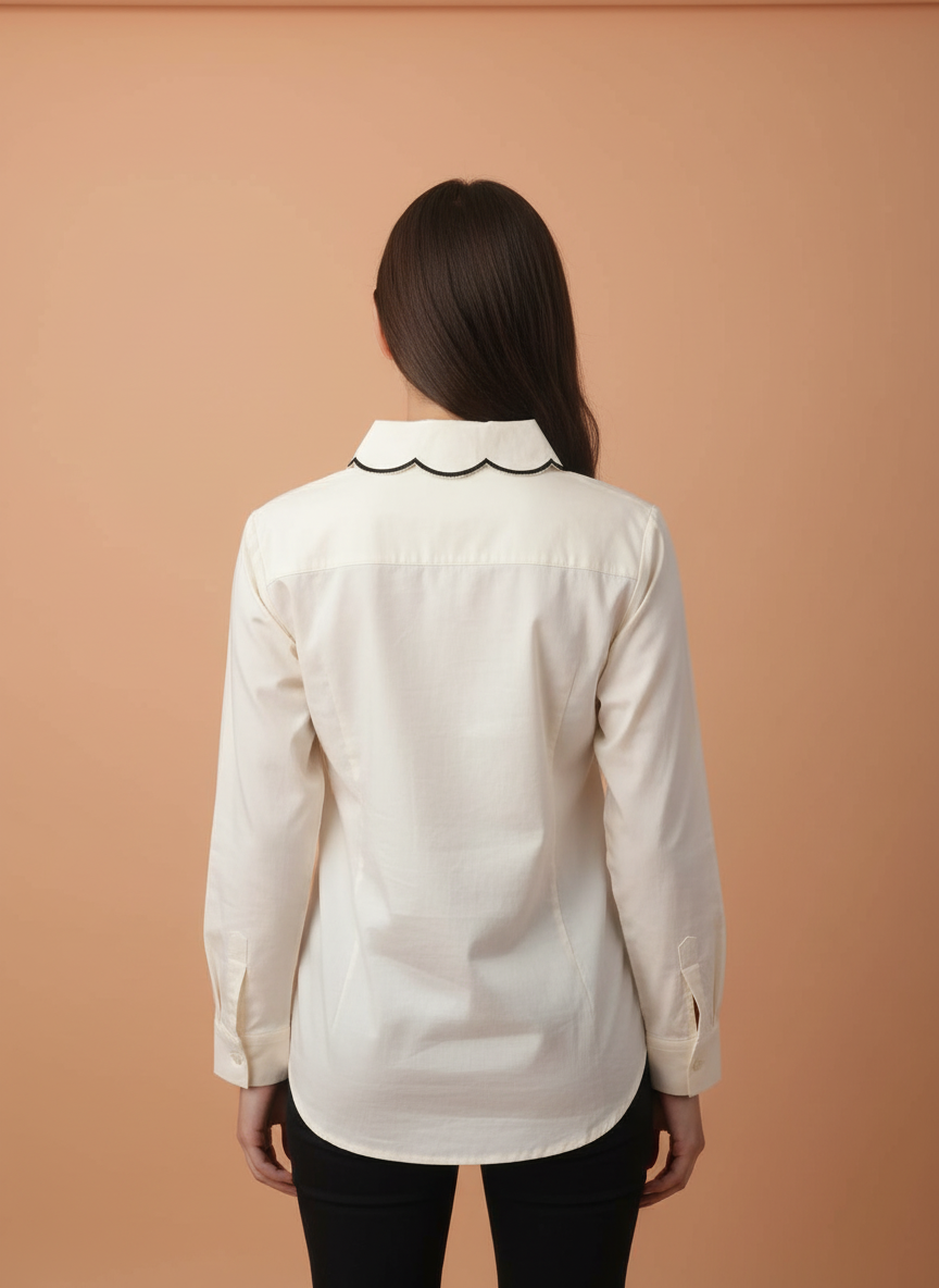 Elegant Ivory Floral Embroidered Scallop Edge Shirt for Women