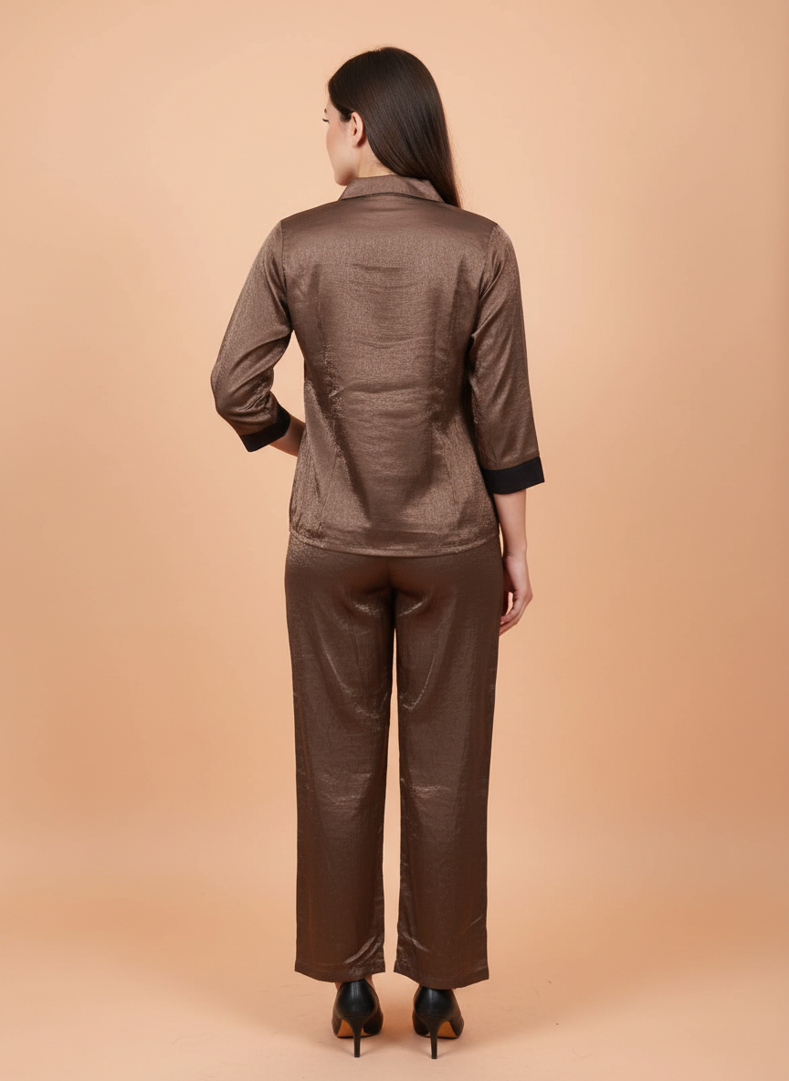 Elegant Brown Satin Blazer Set for Women