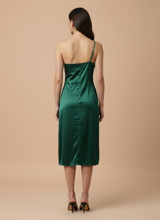 European Satin Emerald Green Midi Dress
