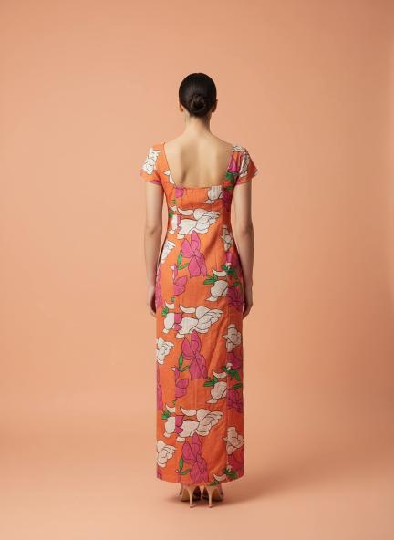 Cambric Digital Print  Front Slit Body Con Dress With Slash Pocket