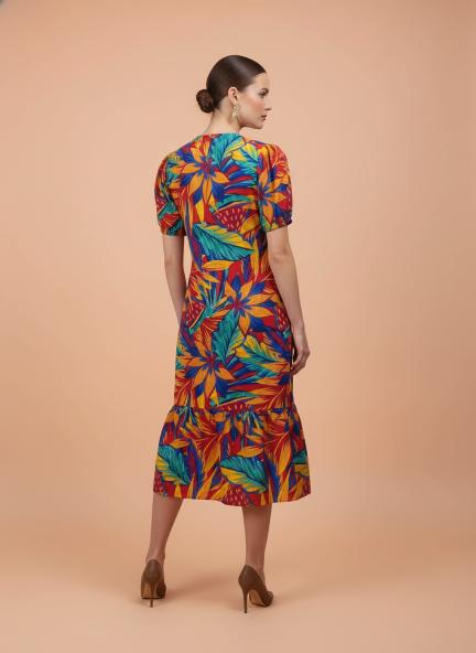 Rayon Printed Puff Sleeve A Line Front Button Maxi Dress