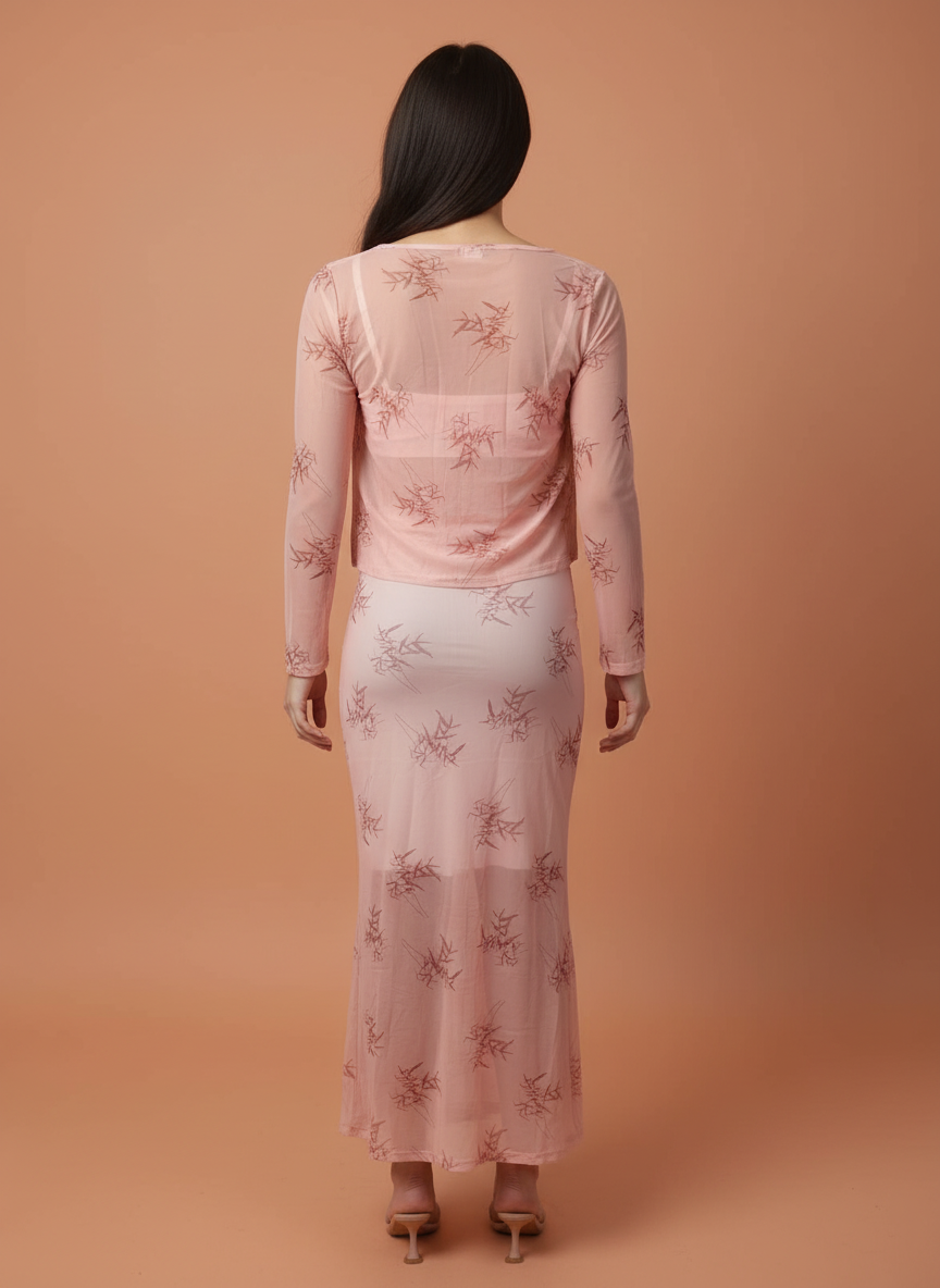 Elegant Pink Printed Midi Dress for Women with Shrug