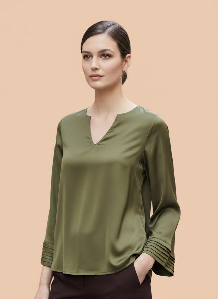 Women's European Satin V Neck Long Sleeve Top