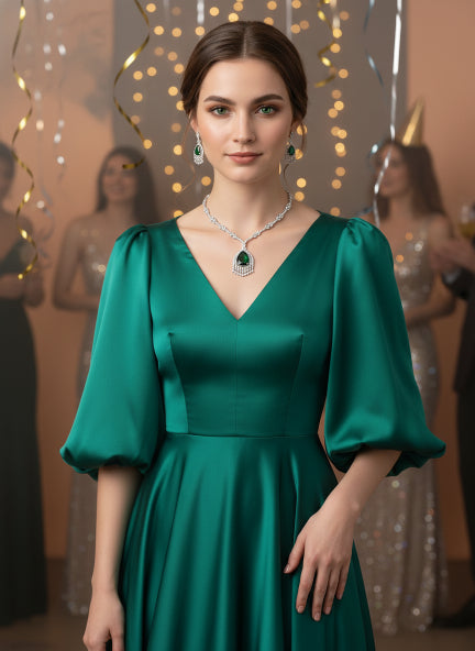 Green Emerald Cubic Zirconia Necklace & Earrings Set for Women