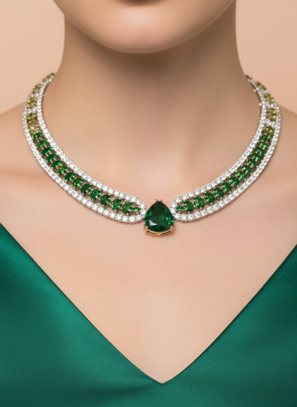 Royal Emerald Drop Cubic Zirconia Choker Necklace & Earrings Set