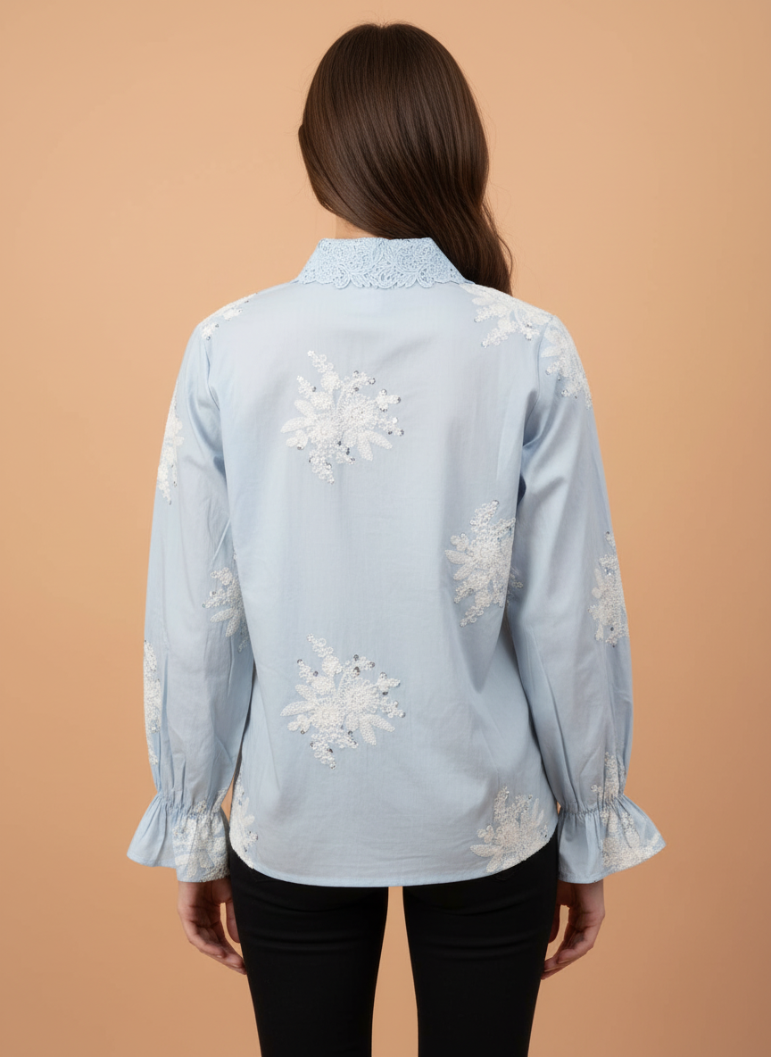 Light Blue Sequin Embroidered Women Shirt