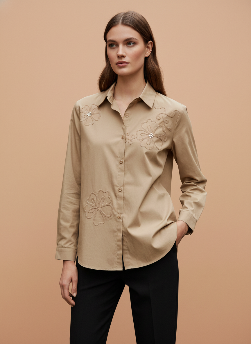 Elegant Beige Embroidered Women’s Shirt