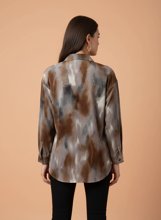 Women's Brown & Grey Abstract Tie-Dye Oversized Shirt