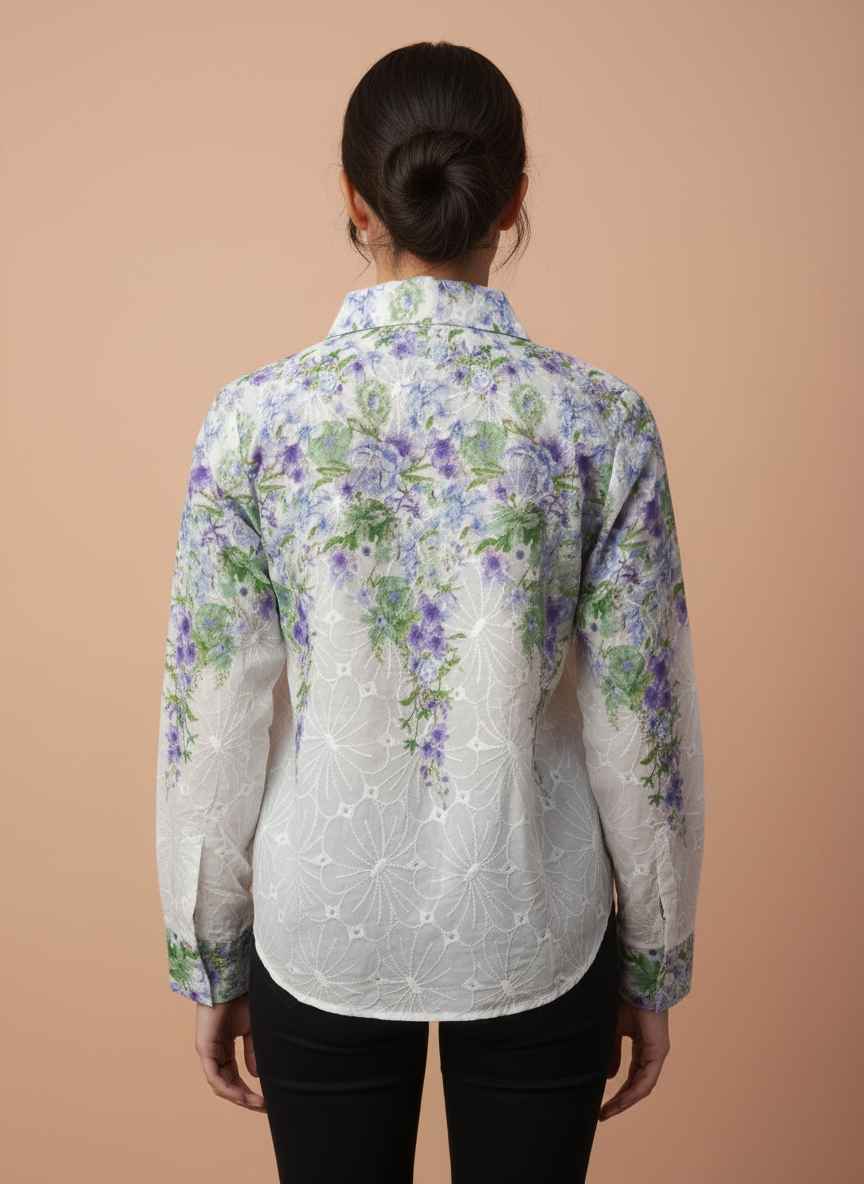 White Purple Floral Embroidered Shirt for Women