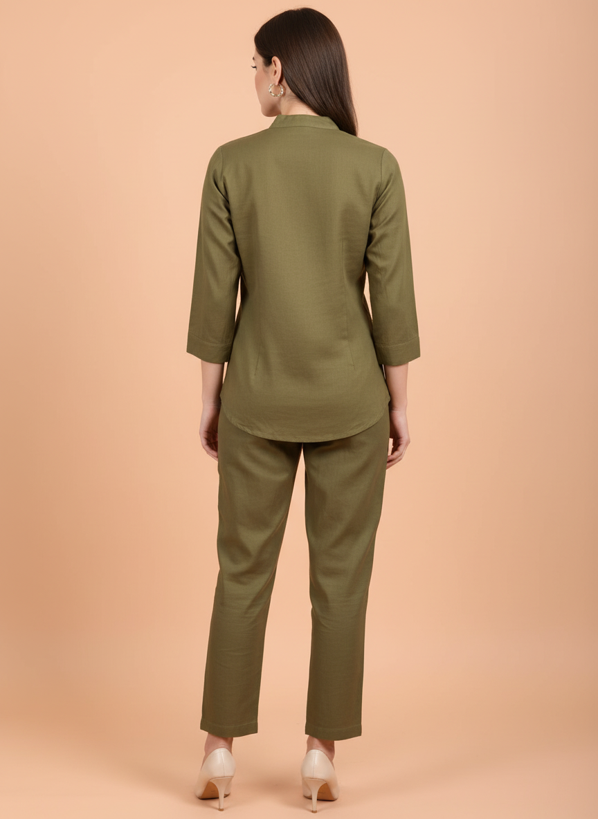 Olive Green Embroidered Co-Ord Set for Women