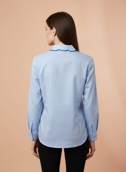 Elegant Sky Blue Floral Embroidered Scallop Edge Shirt for Women