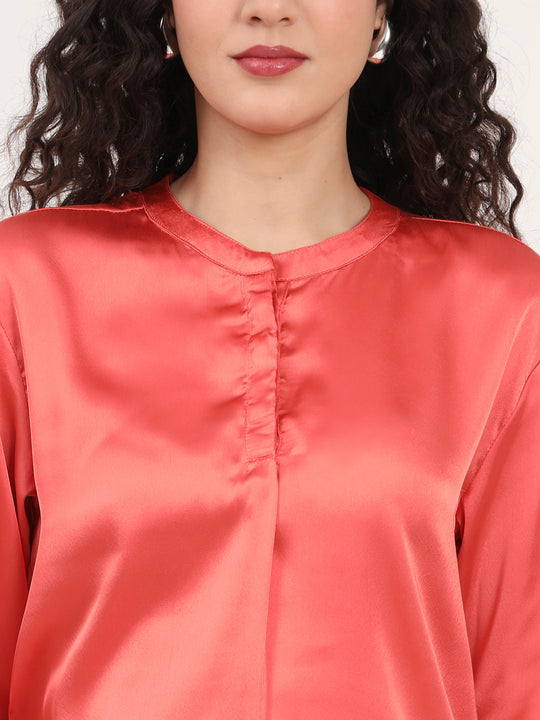 Summer Satin Coral Front Pleated Tunic