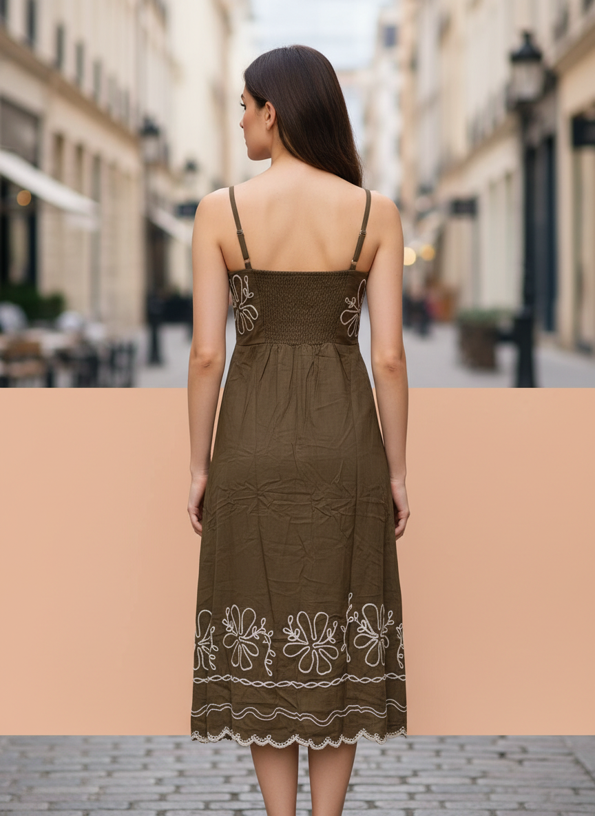 Women’s Olive Brown Embroidered Midi Dress
