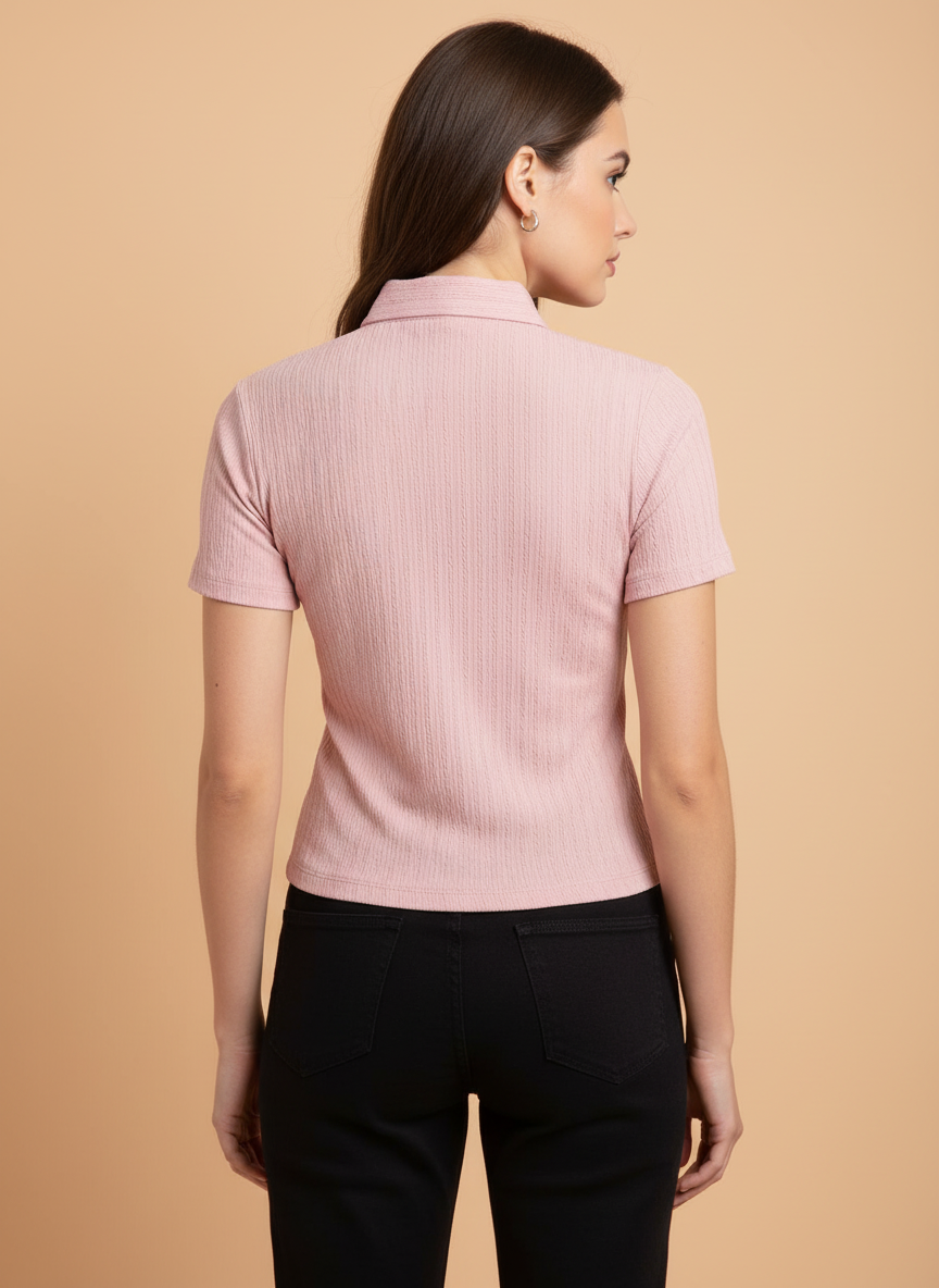 Women’s Pastel Pink Ribbed Knit Quarter Zip Polo T-Shirt