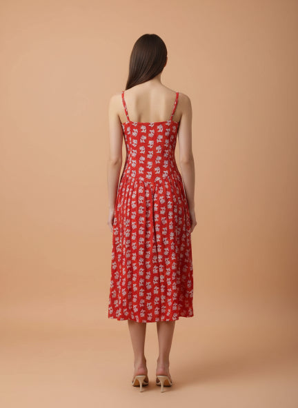 Rayon Printed Fit & Flare V Neck Shoulder Strap Maxi Dress