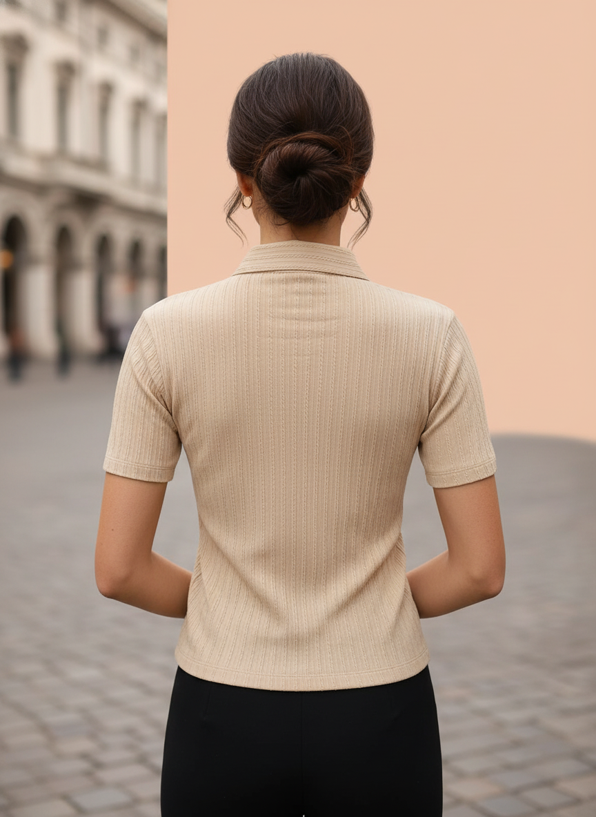 Women’s Beige Ribbed Knit Half-Zip Polo T-Shirt