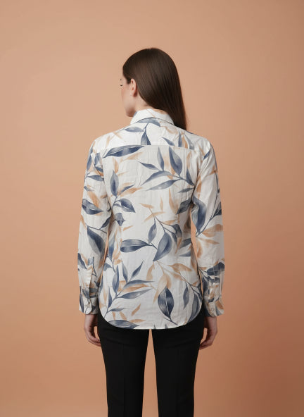 Premium Rayon Shirt With Blue And Orange Leaf Print