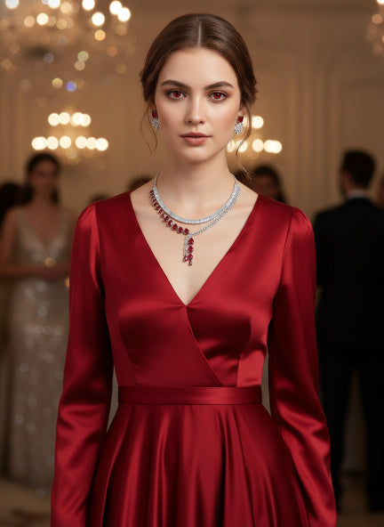 Red Ruby Cubic Zirconia Necklace & Earrings Set for Women